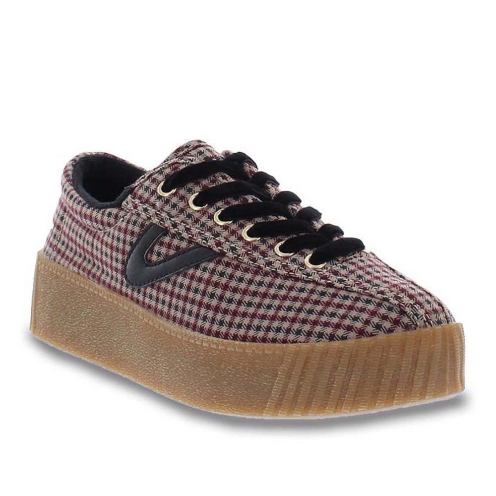 Tretorn Houndstooth Platform Sneakers in Burgundy, Black & Tan